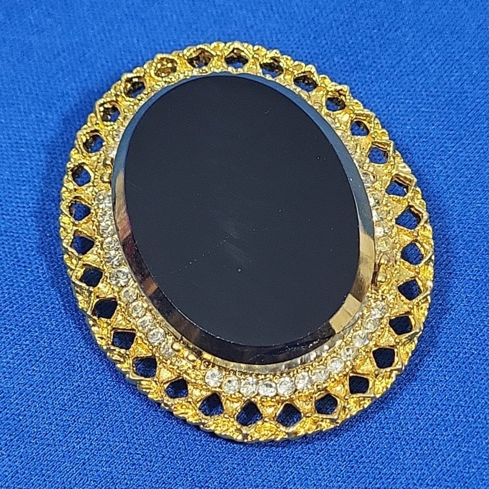 Black Glass Mirror Cameo Style Brooch Pendant Brilliant Rhinestone Pin